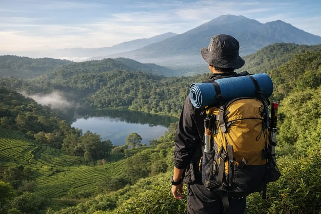 trekking dengan view gunung di bogor