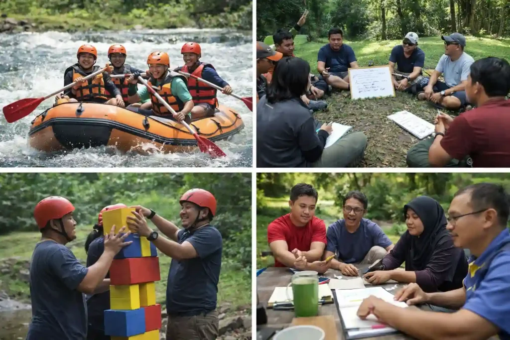 Sekelompok peserta mengikuti program experiential learning outdoor melalui aktivitas rafting, diskusi refleksi, simulasi teamwork, dan evaluasi kelompok di alam terbuka.