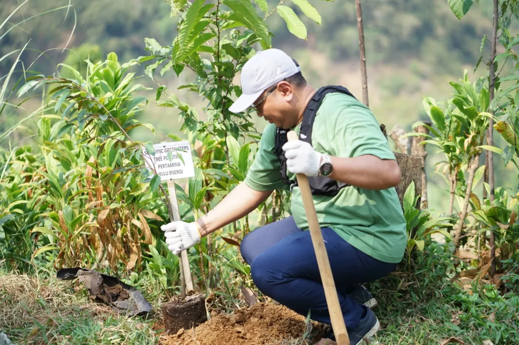 Peserta trekking sedang menanam di jalur trekking